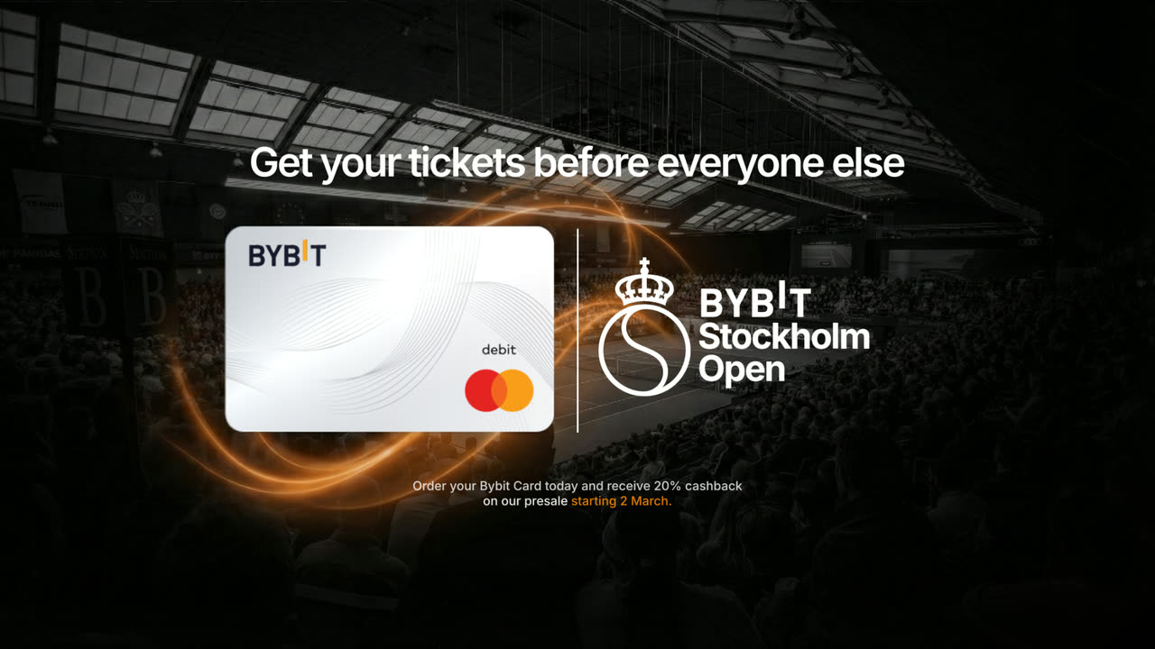 Get your tickets before everyone else — Bybit Card with the Bybit Stockholm Open identity over a packed arena