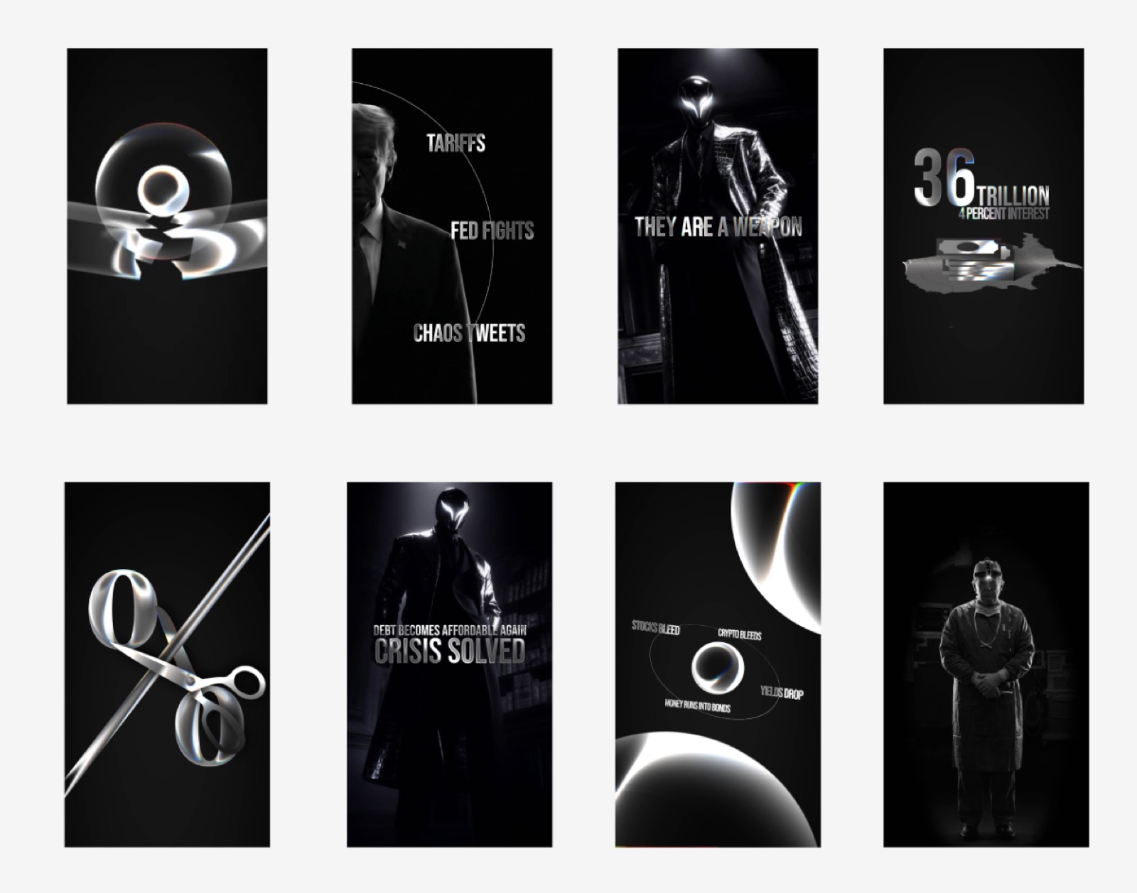 The Crypteum storyboard: eight designed cinematic frames in black and silver