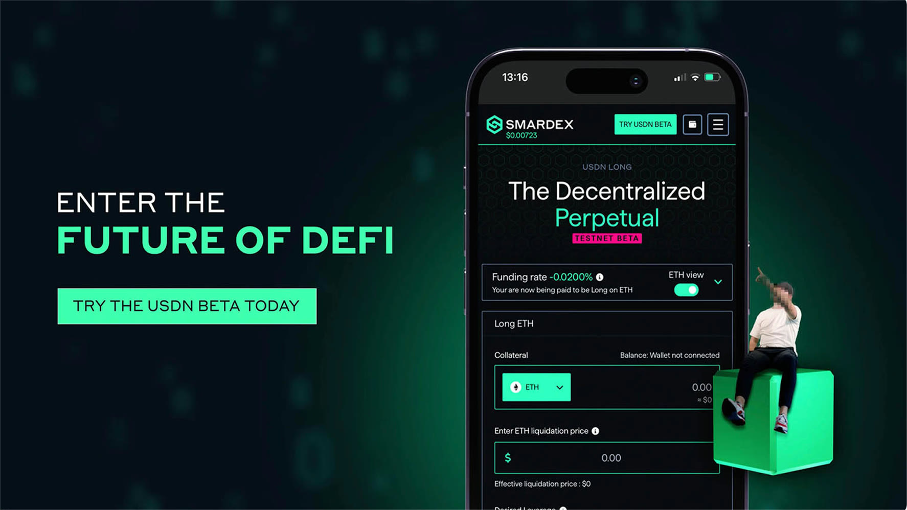 Enter the future of DeFi — USDN beta launch visual with the Smardex app on a phone